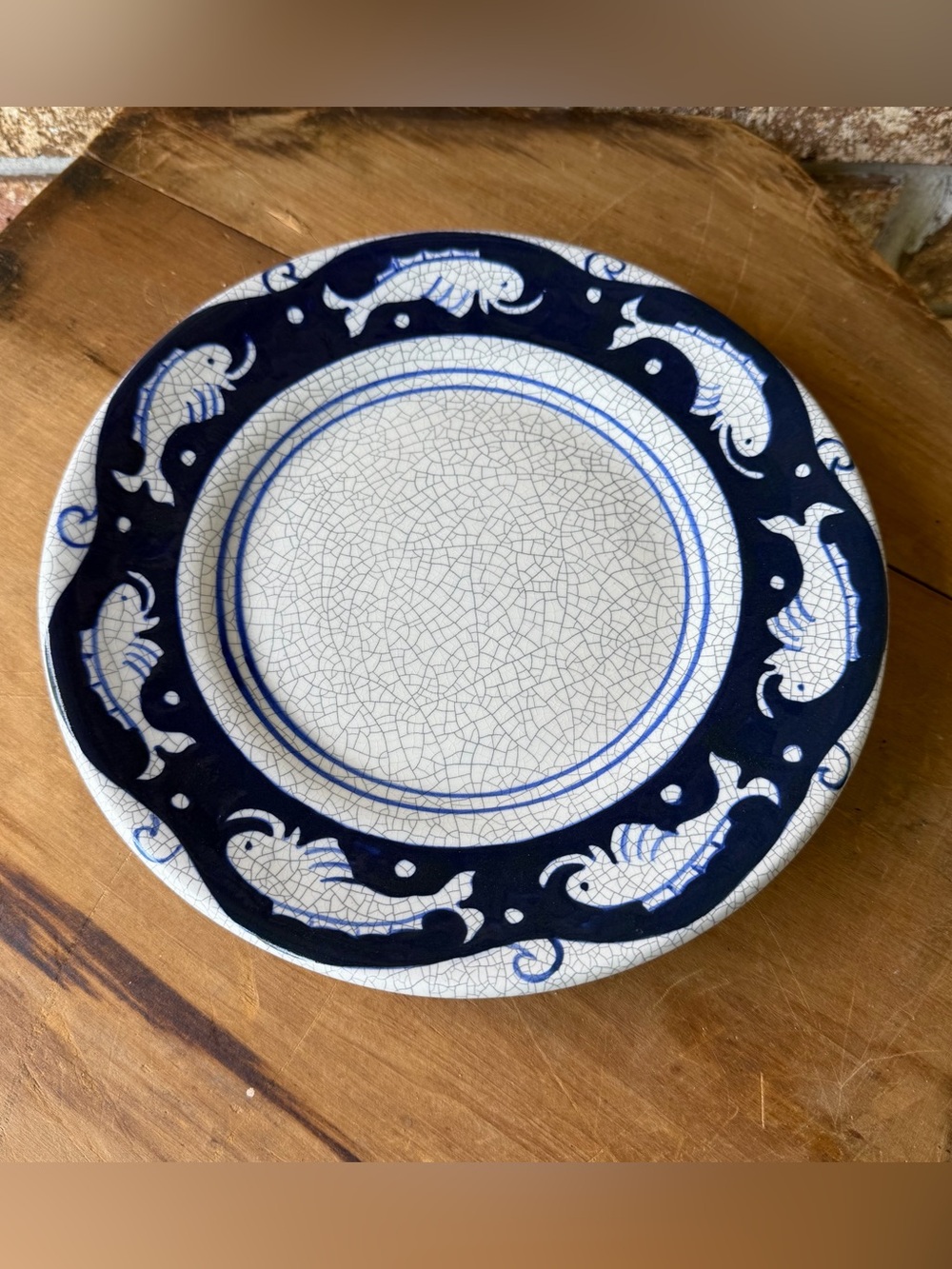 Vintage Artisan Ceramic Plate Fish Dedham Style 9” Diameter Signed 90’s